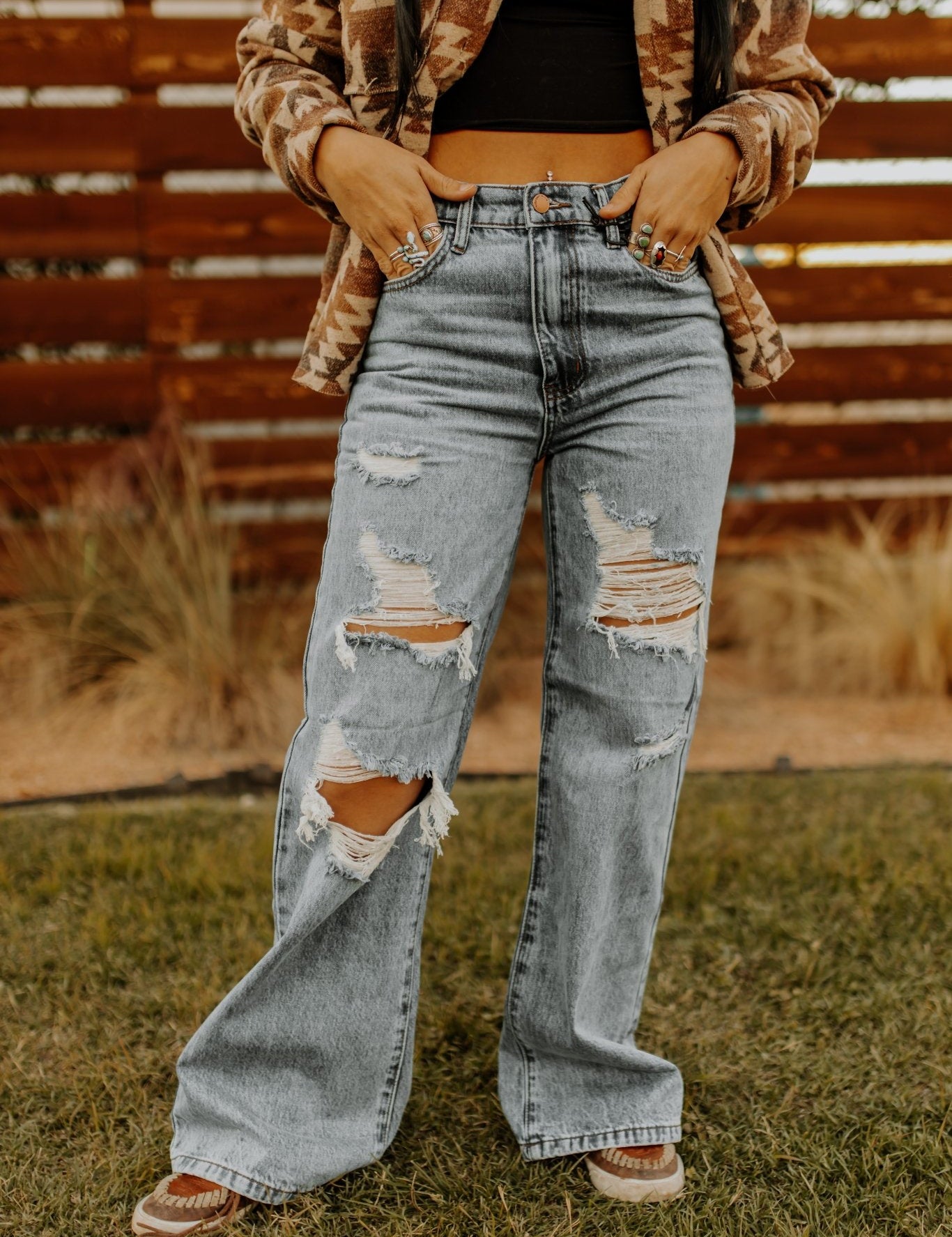 High Waisted Wide Leg Distressed JeanDenim1