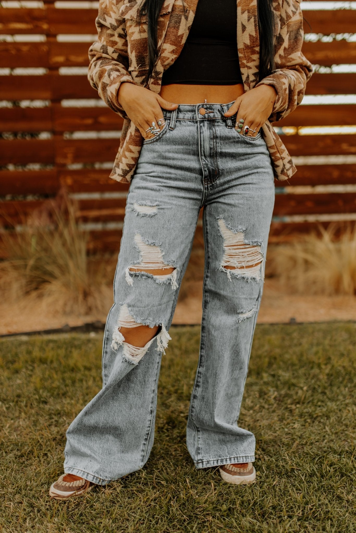 High Waisted Wide Leg Distressed Jean