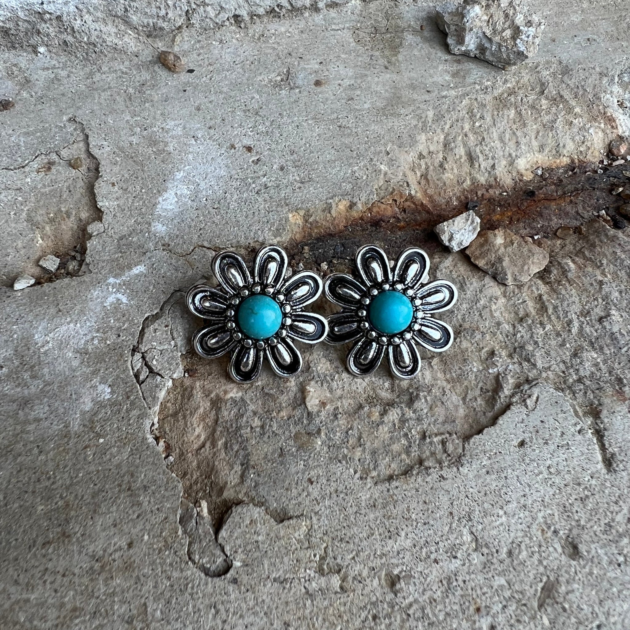 Silver and Turquoise Flower Stud Earrings