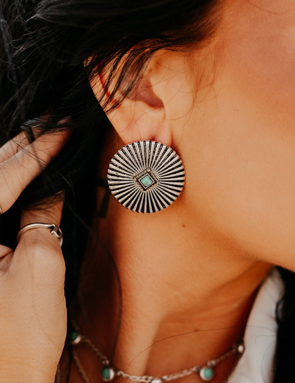 Large Silver Burst and Turquoise EarringsSilverOS