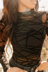 Long Sleeve Abstract Mesh BodysuitBlackS