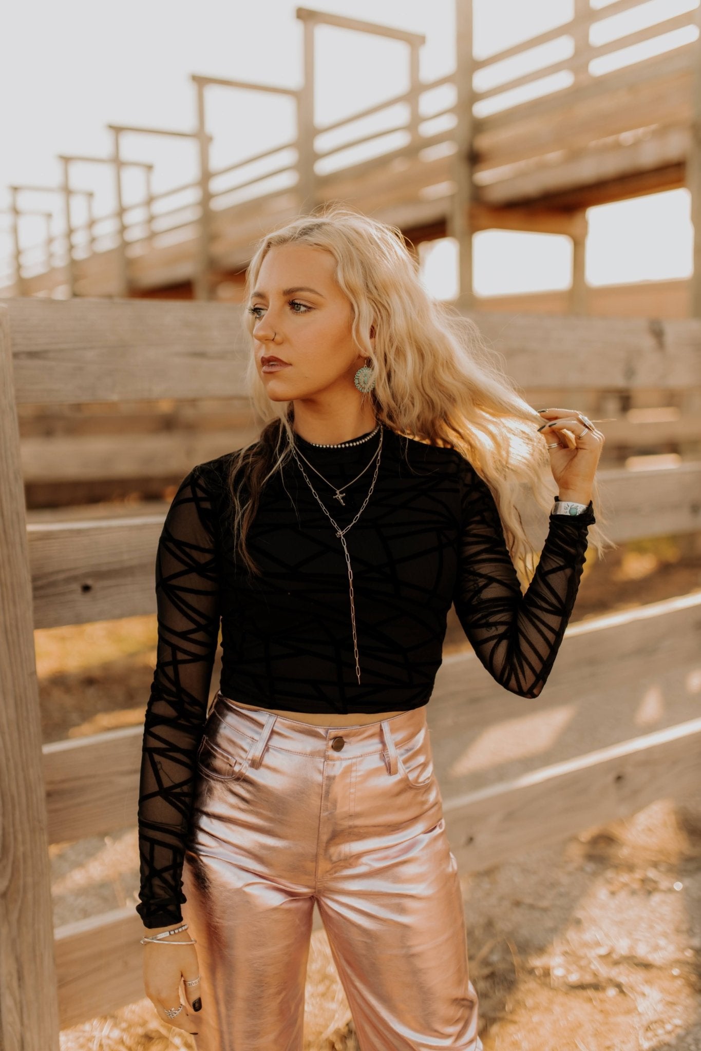 Long Sleeve Abstract Mesh TopBlackS