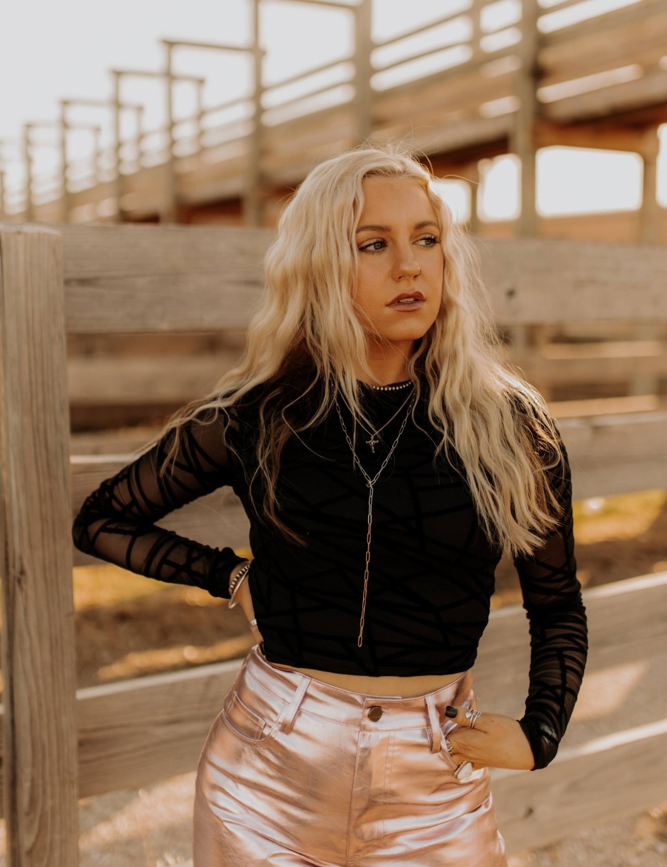 Long Sleeve Abstract Mesh TopBlackS