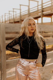 Long Sleeve Abstract Mesh TopBlackS