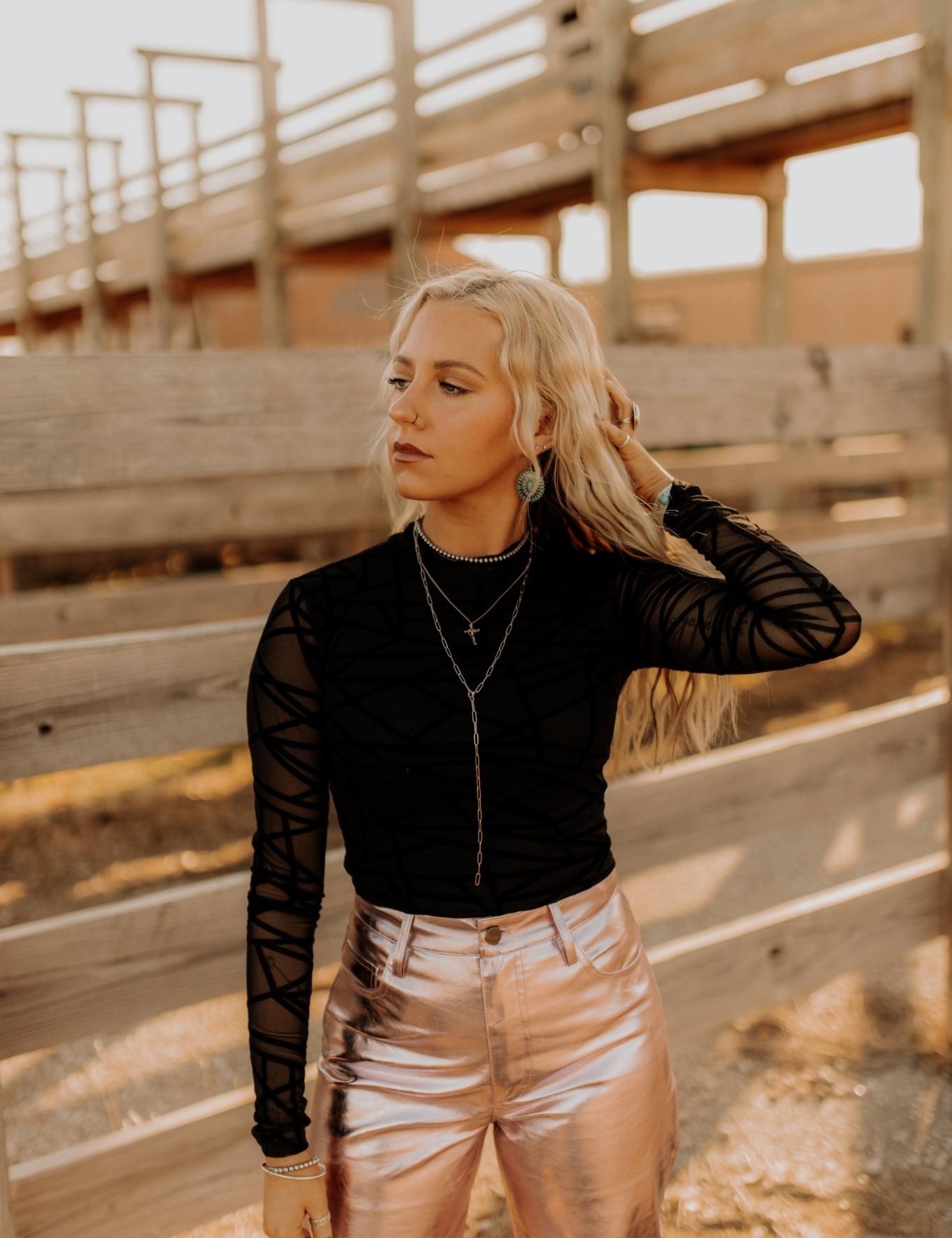 Long Sleeve Abstract Mesh TopBlackS