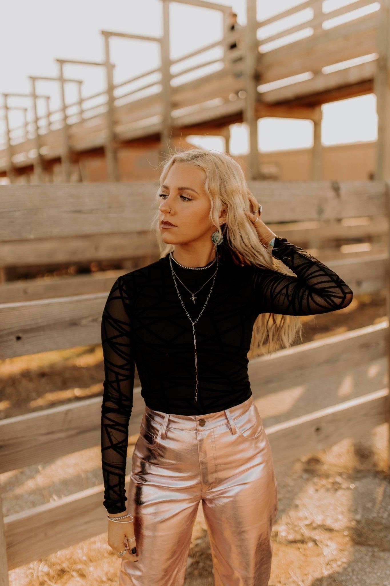 Long Sleeve Abstract Mesh TopBlackS