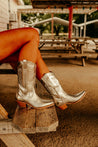 Metallic Genuine Leather Cowgirl BootSilver5.5