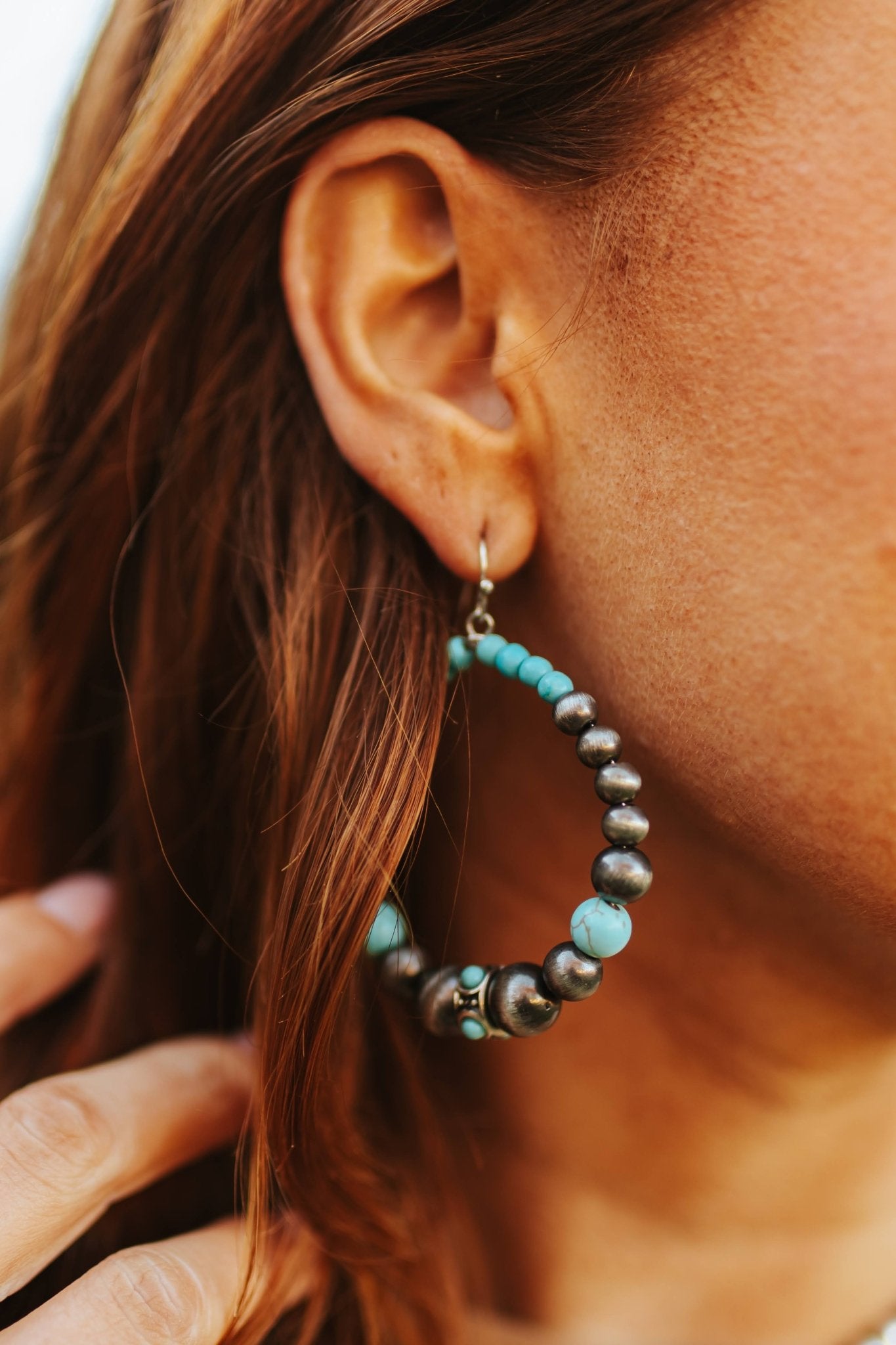 Navajo Pearl and Turquoise Beaded HoopsSilverOS