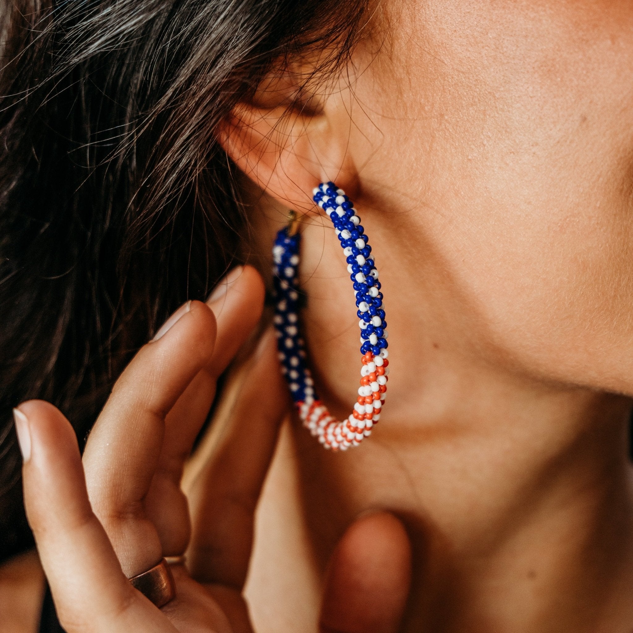Patriotic Beaded Hoop EarringsBlueOS