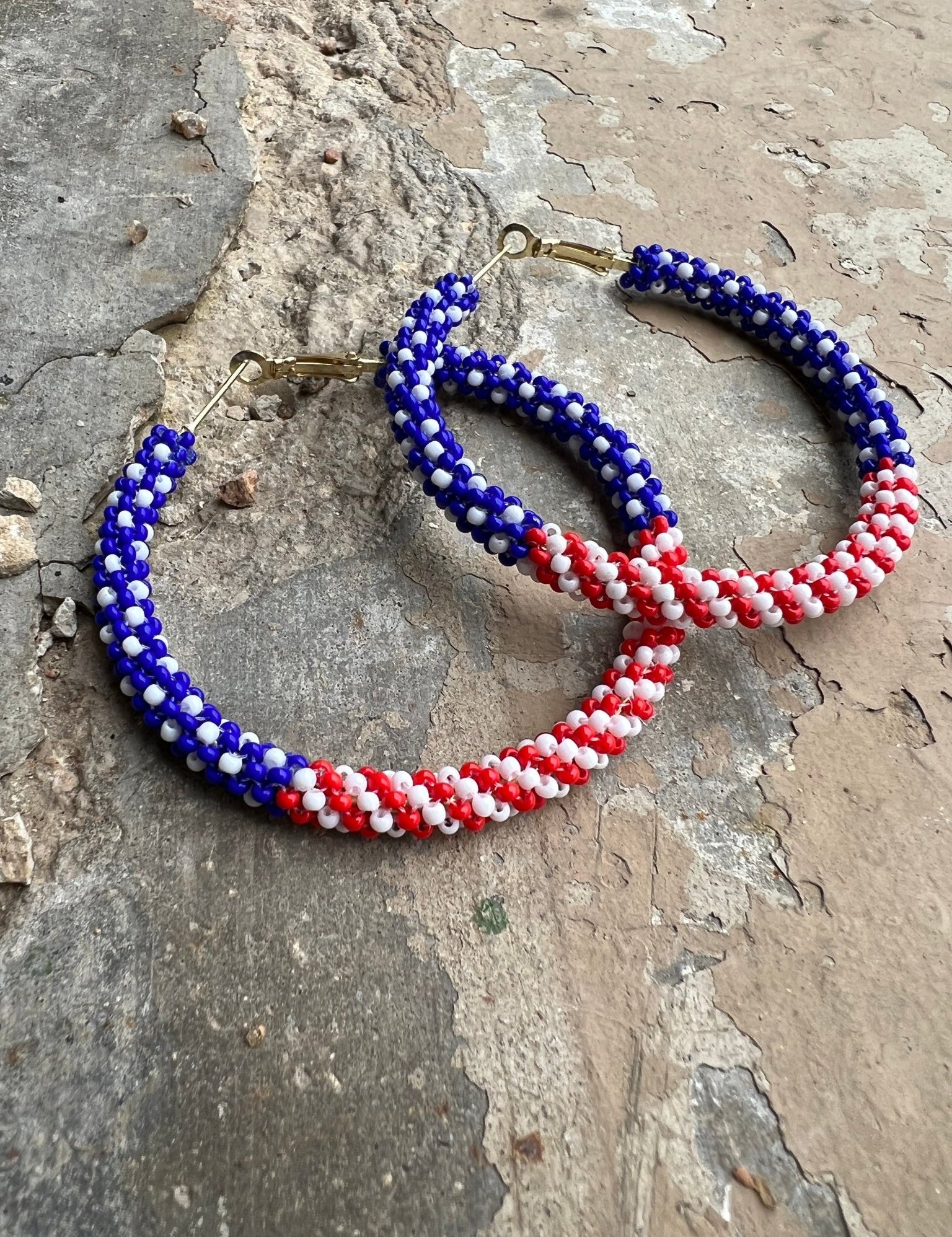 Patriotic Beaded Hoop EarringsBlueOS