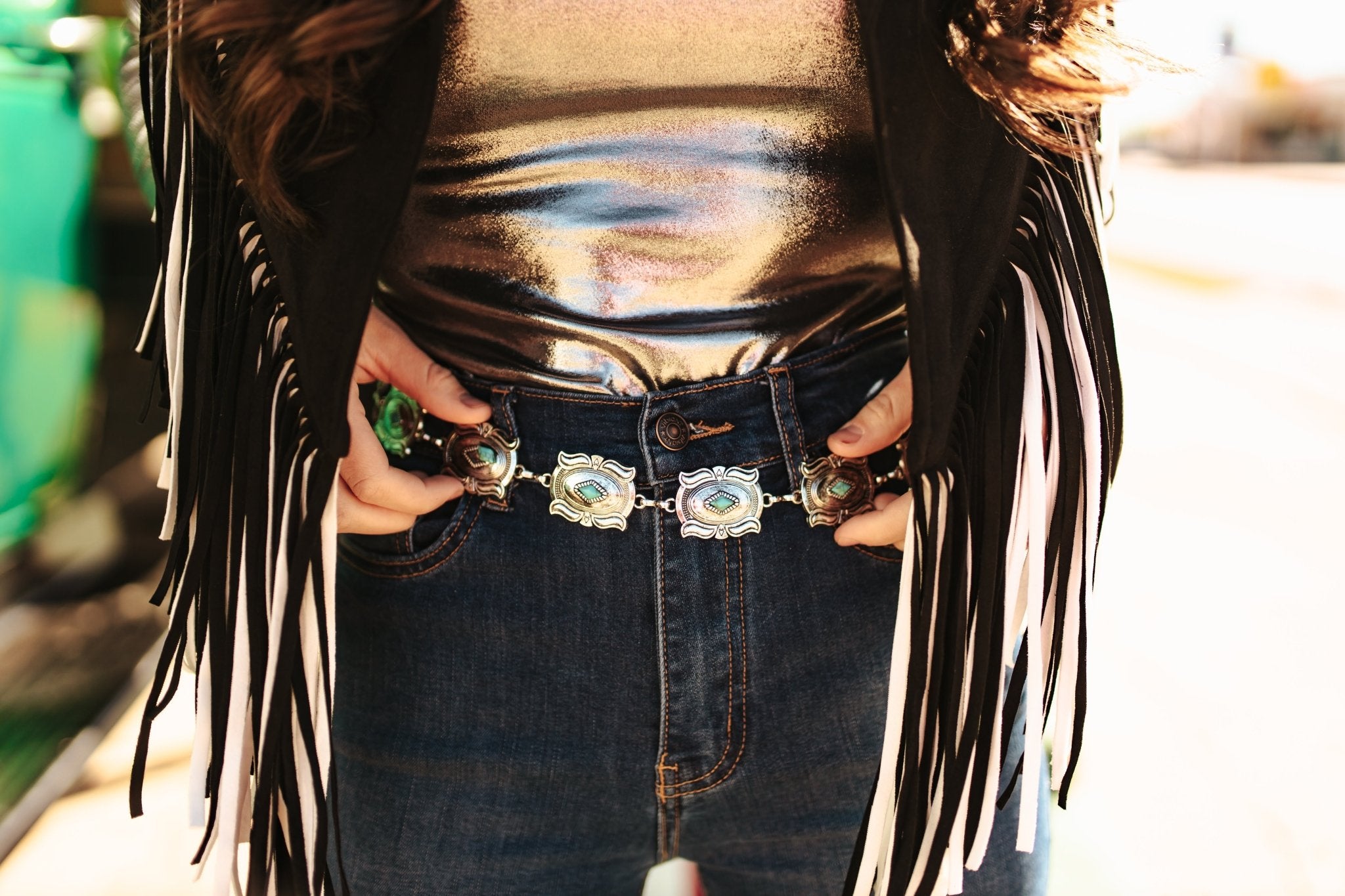 Rectangle Concho Chain BeltSilverOS