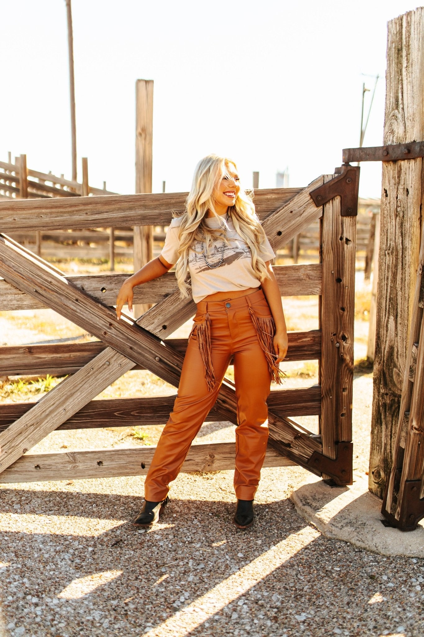 Rhinestone Fringe Faux Leather PantsBrownS