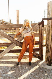Rhinestone Fringe Faux Leather PantsBrownS