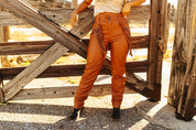 Rhinestone Fringe Faux Leather PantsBrownS