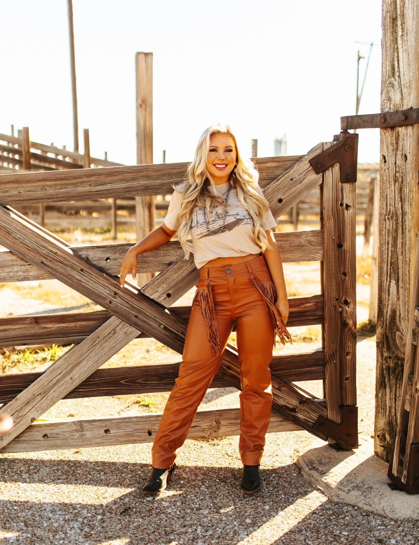 Rhinestone Fringe Faux Leather PantsBrownS