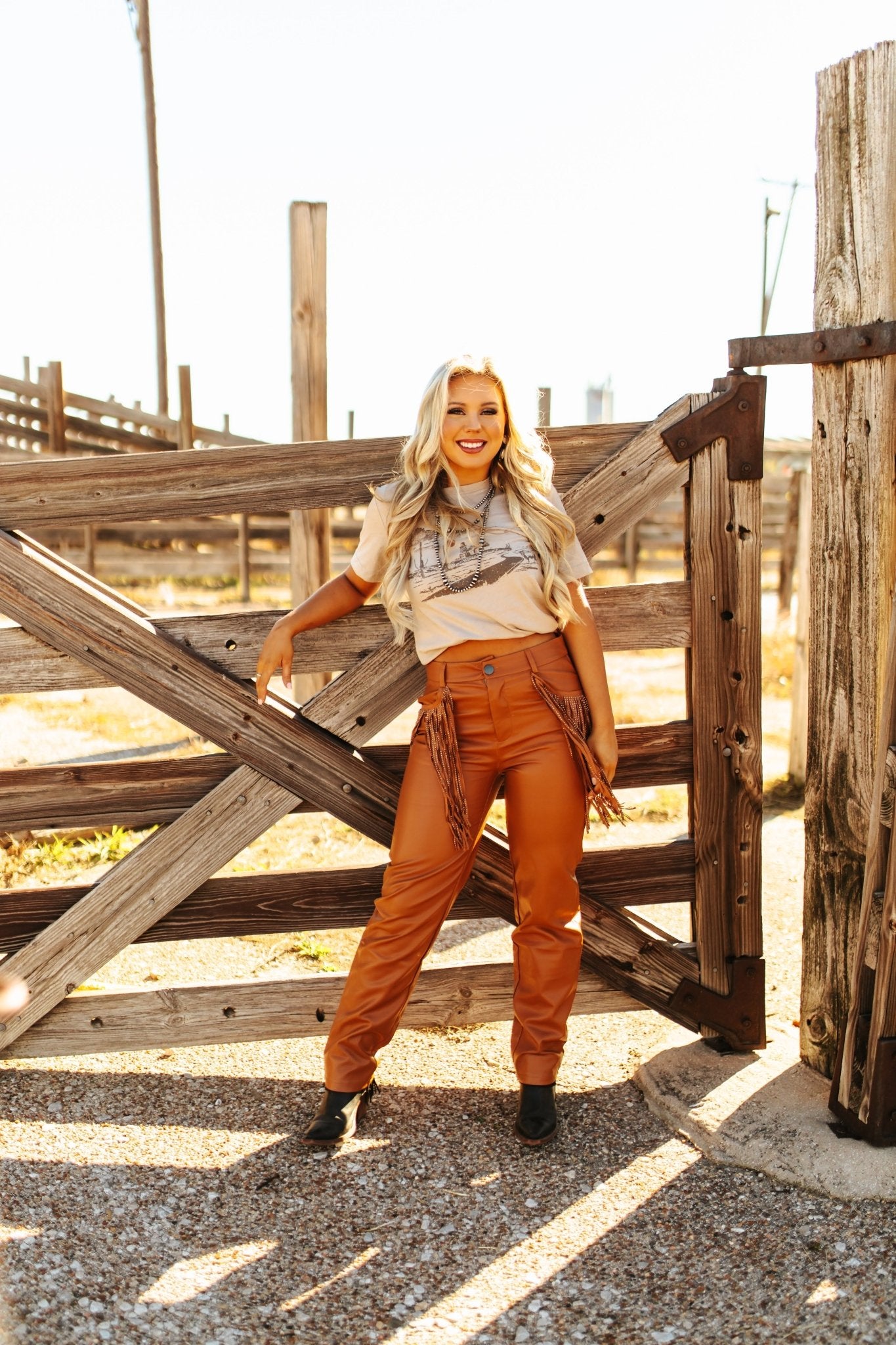 Rhinestone Fringe Faux Leather PantsBrownS