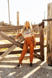 Rhinestone Fringe Faux Leather PantsBrownS