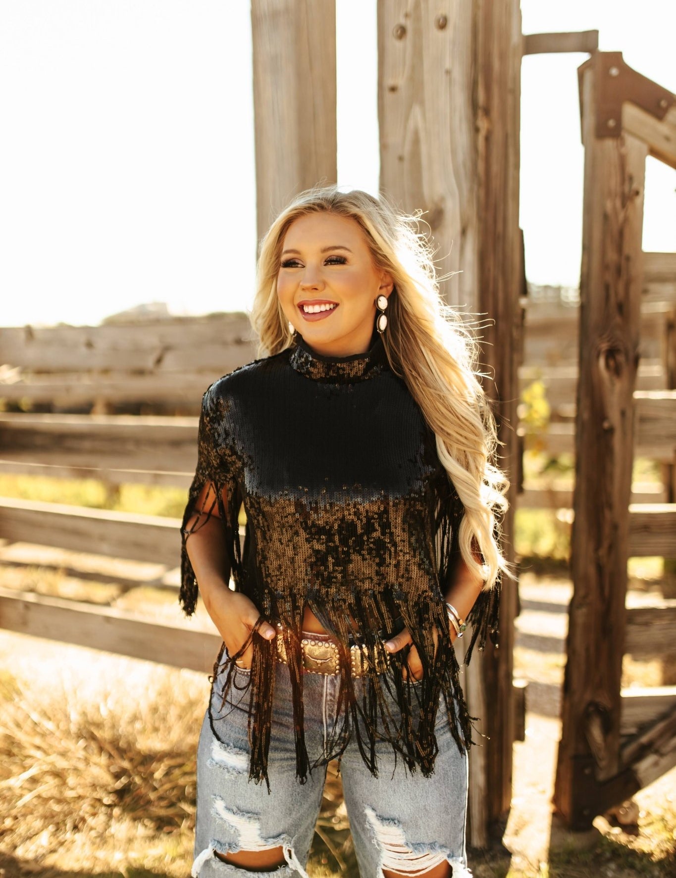 Sequin Fringe Poncho Top - BlackBlackS