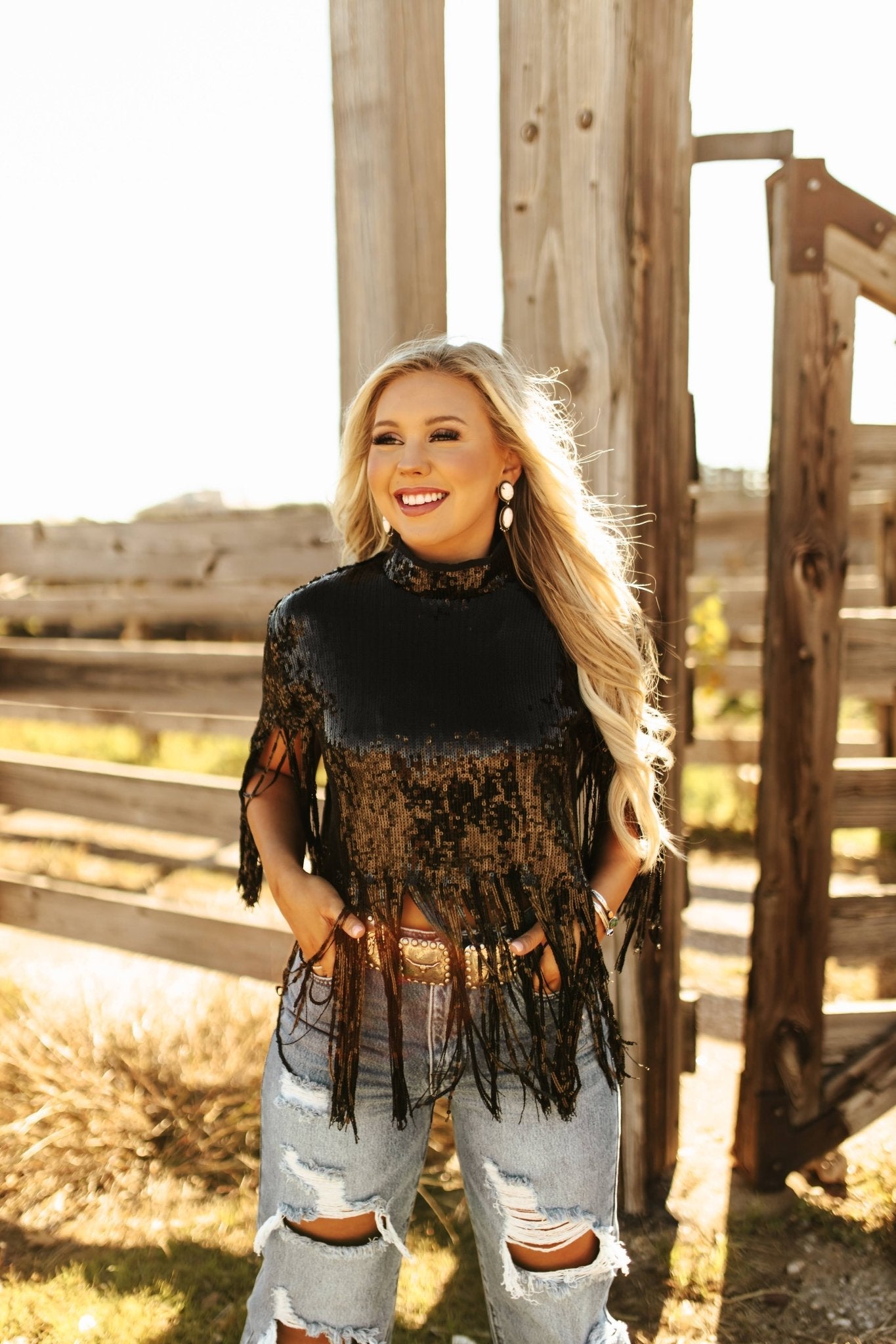 Sequin Fringe Poncho Top - BlackBlackS