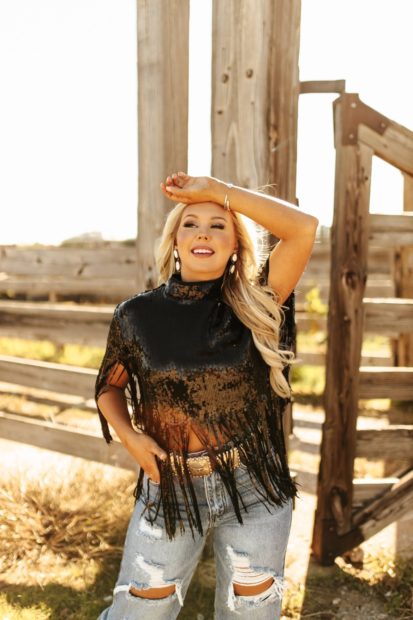 Sequin Fringe Poncho Top - BlackBlackS
