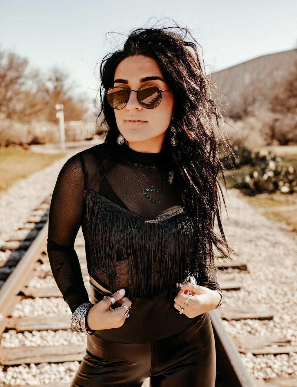 Sheer Long Sleeve Fringe Crop TopBlackS