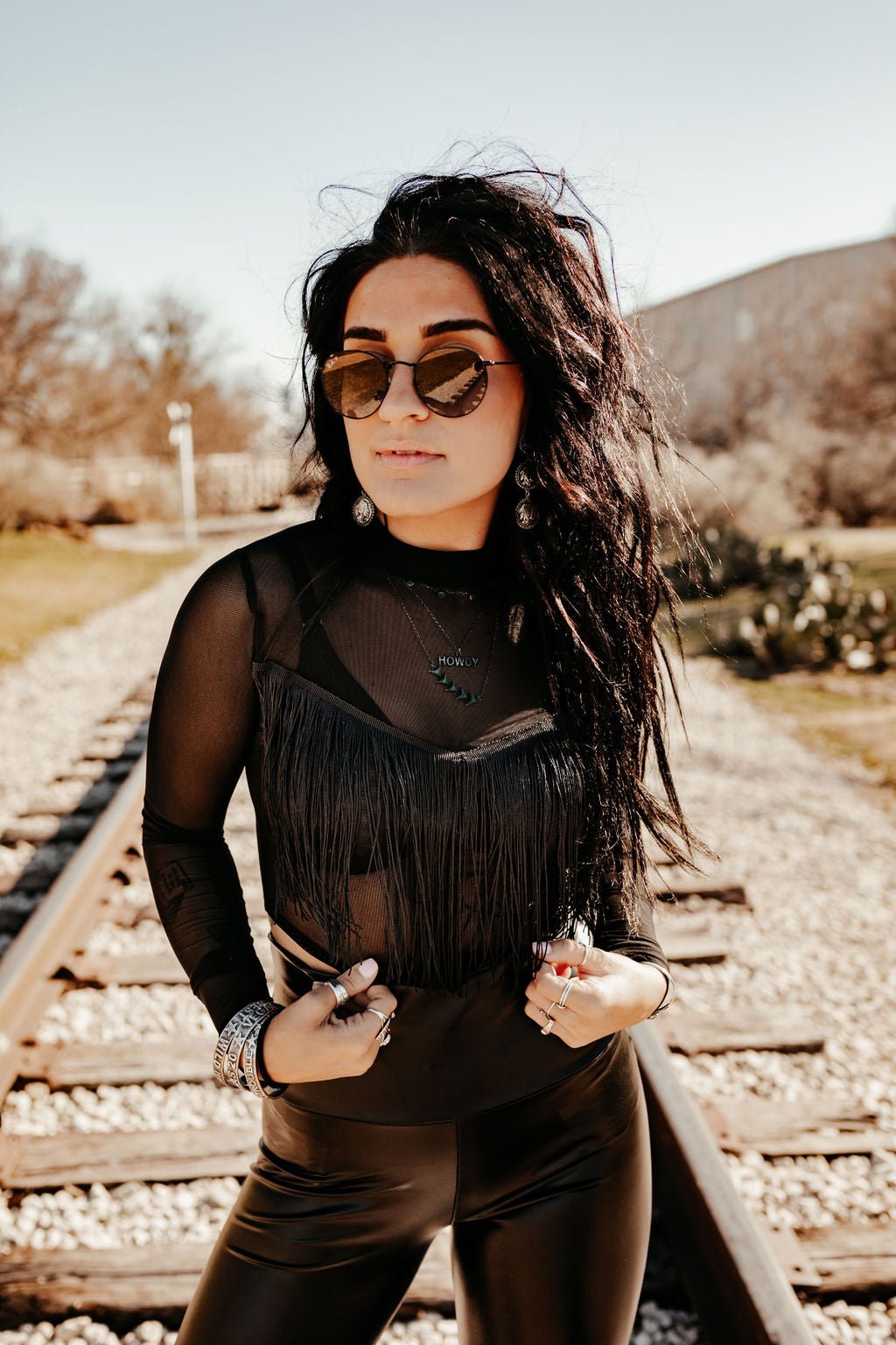 Sheer Long Sleeve Fringe Crop TopBlackS