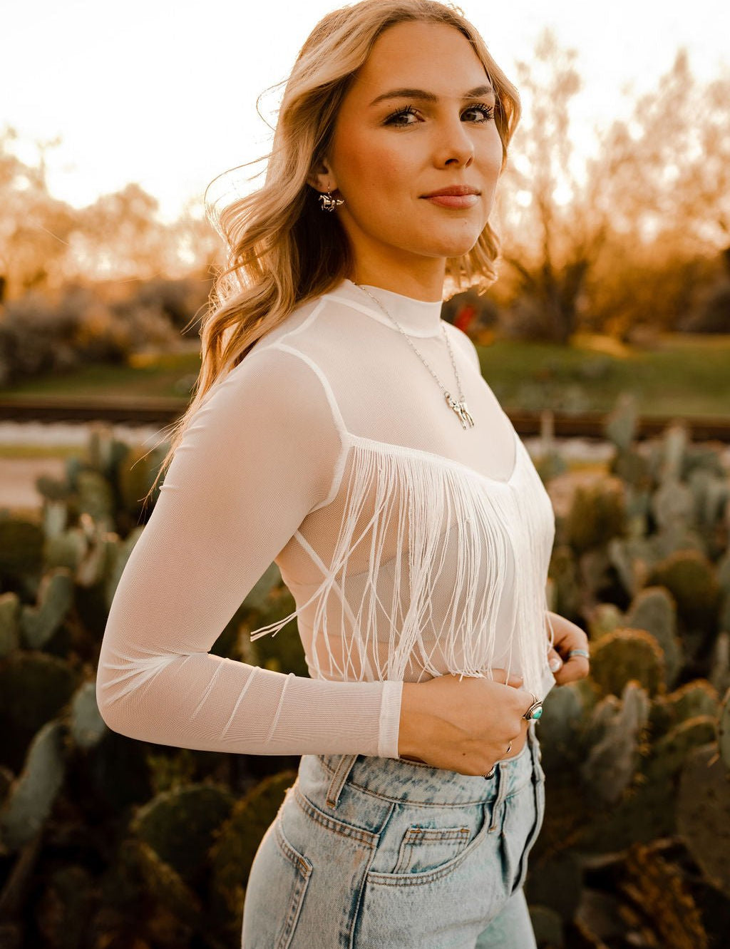 Sheer Long Sleeve Fringe Crop TopWhiteL