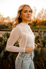 Sheer Long Sleeve Fringe Crop TopWhiteL