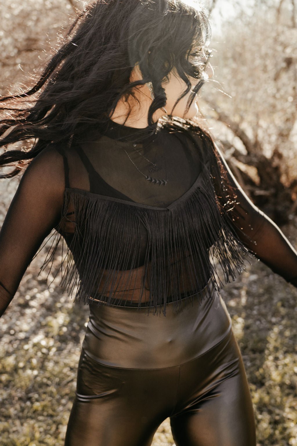 Sheer Long Sleeve Fringe Crop TopWhiteS