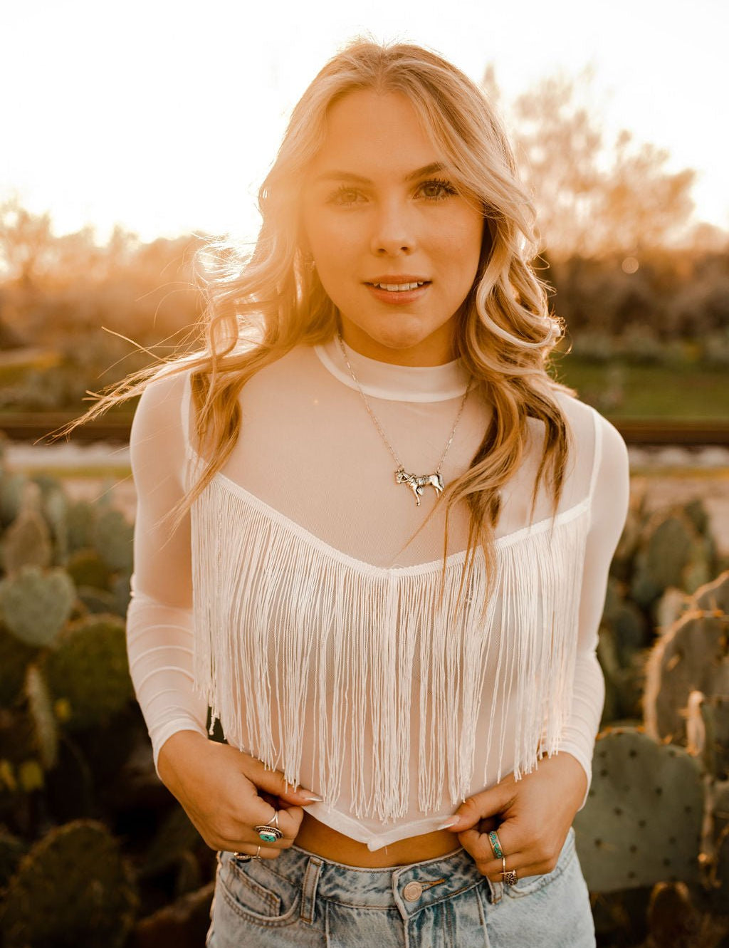Sheer Long Sleeve Fringe Crop TopWhiteS