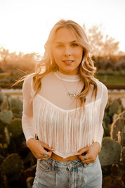 Sheer Long Sleeve Fringe Crop TopWhiteS