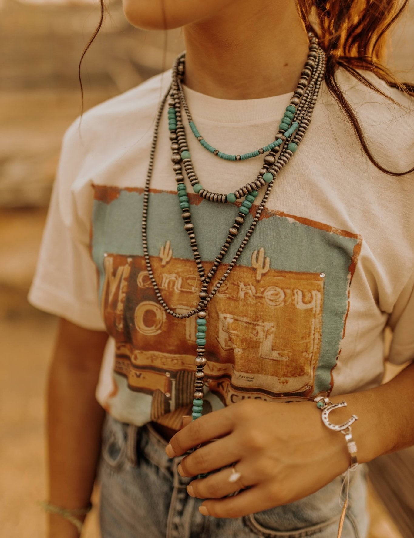 Stacked Turquoise and Silver Pearl Y Lariat NecklaceTurquoiseOS