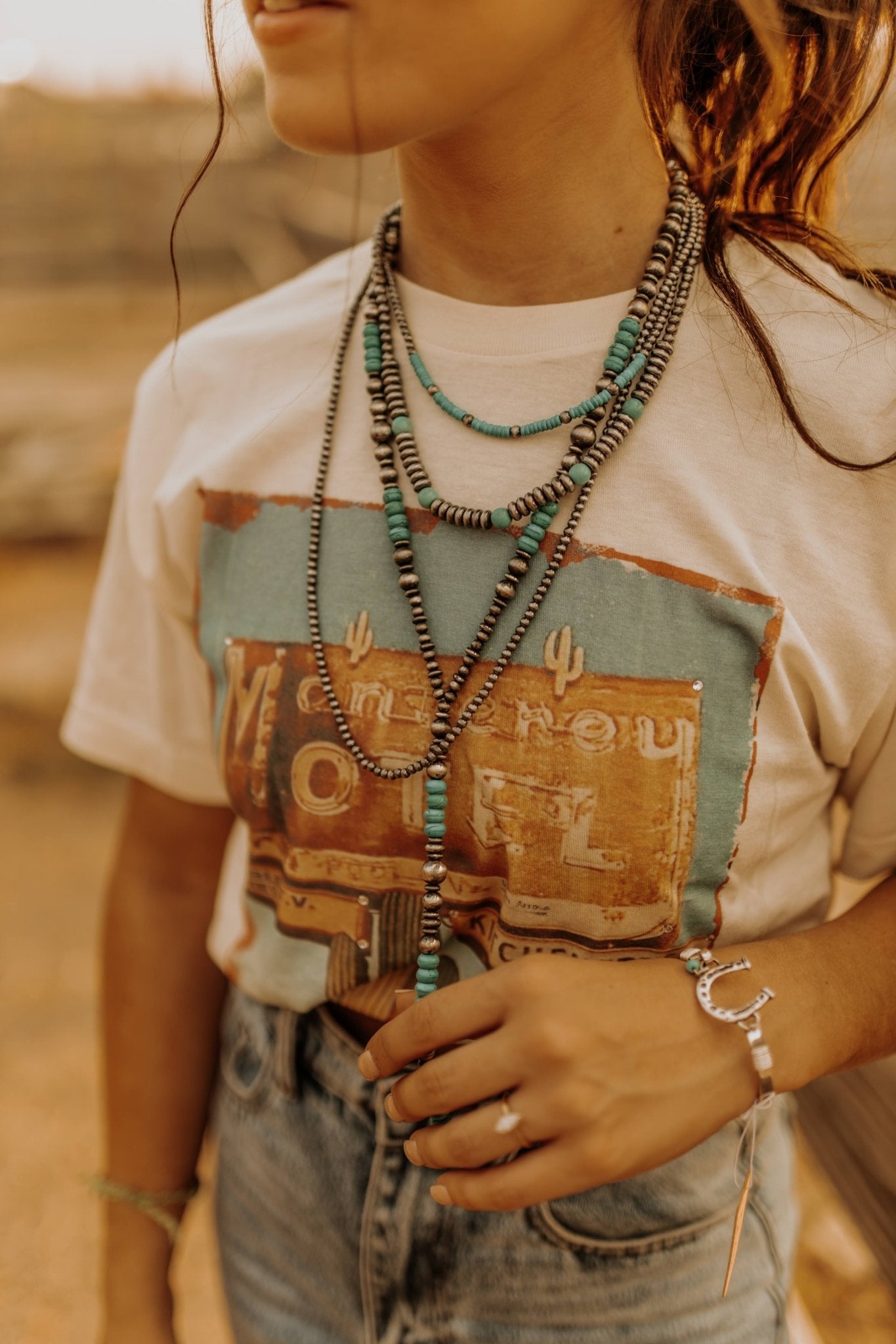 Stacked Turquoise and Silver Pearl Y Lariat NecklaceTurquoiseOS