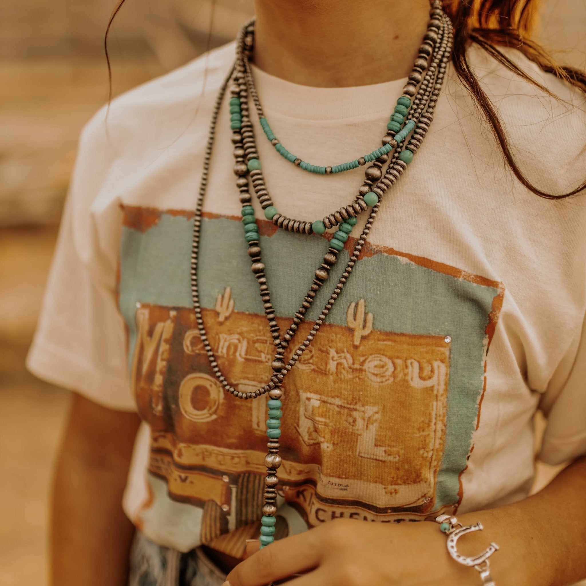 Stacked Turquoise and Silver Pearl Y Lariat NecklaceTurquoiseOS