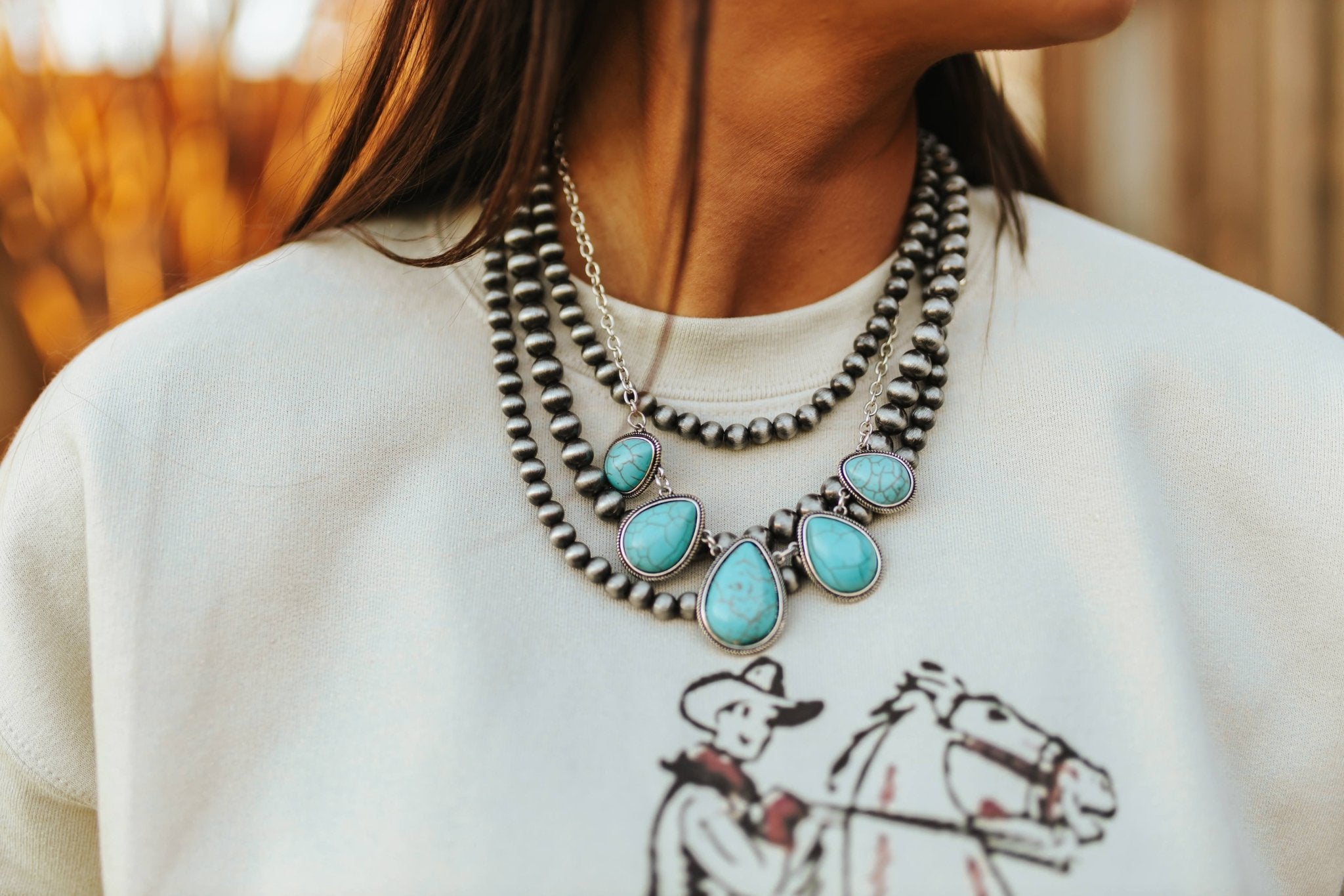 Turquoise Cluster and Navajo Beaded Layer NecklaceSilverOS