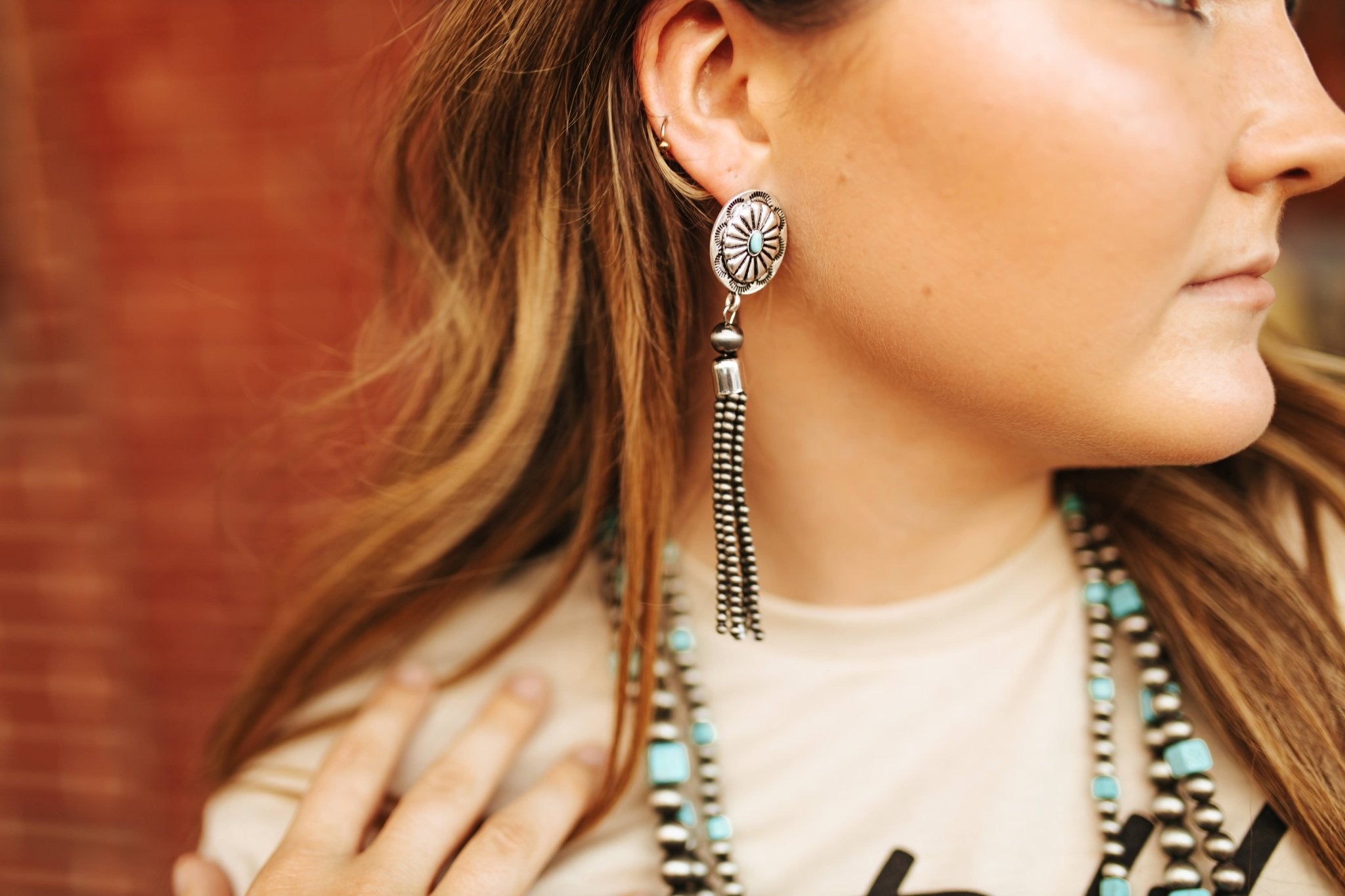 Turquoise Concho Beaded Tassel EarringsSilverOS
