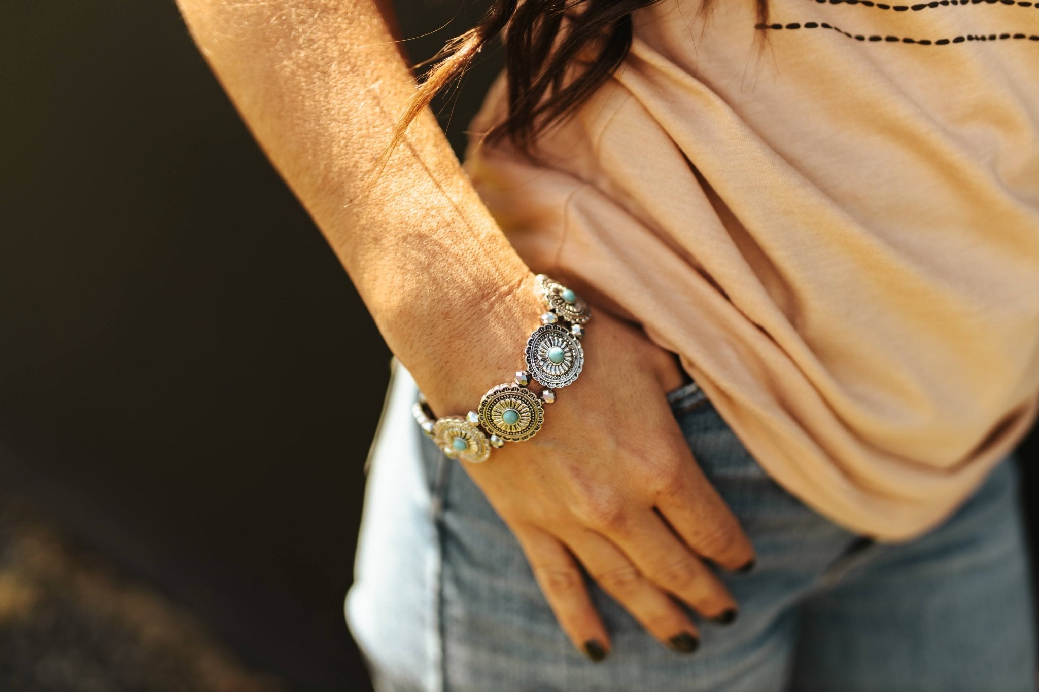 Turquoise Concho Stretch BraceletSilverOS