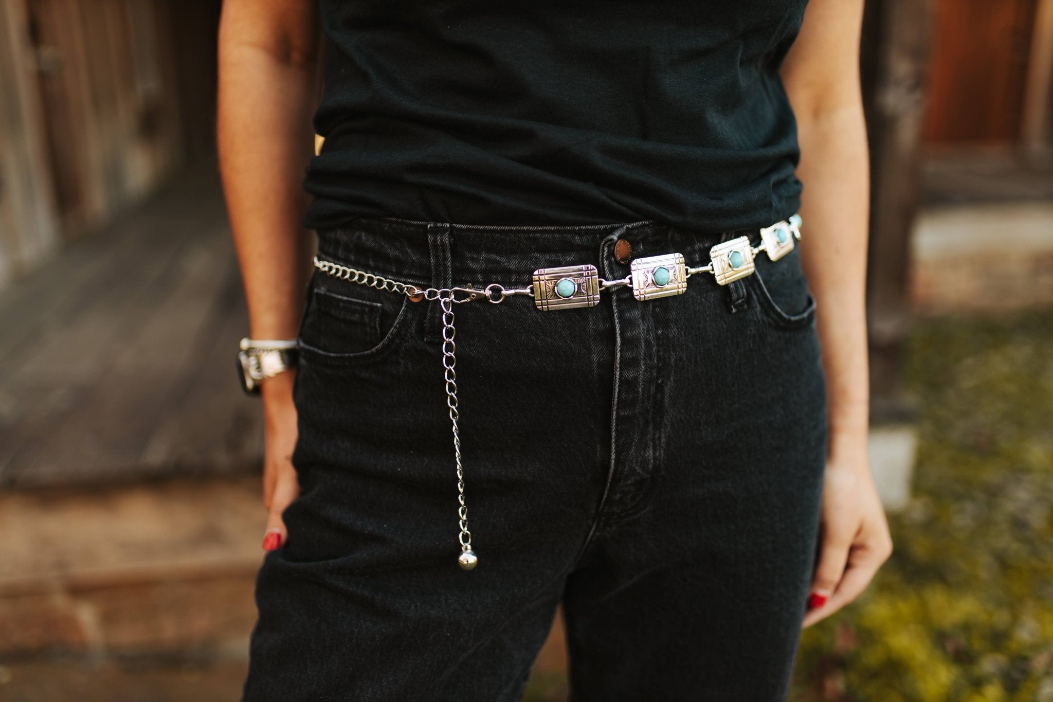 Turquoise Rectangle Concho Chain BeltSilverOS