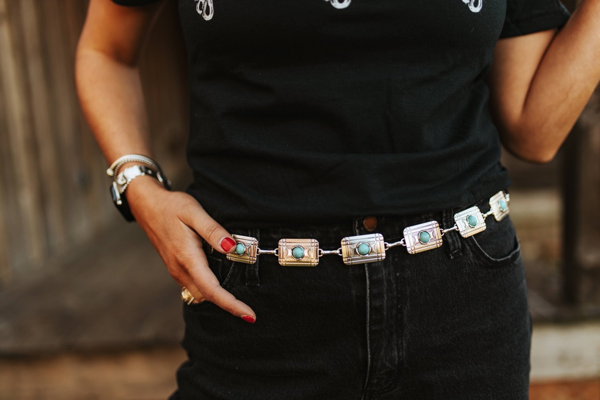 Turquoise Rectangle Concho Chain BeltSilverOS