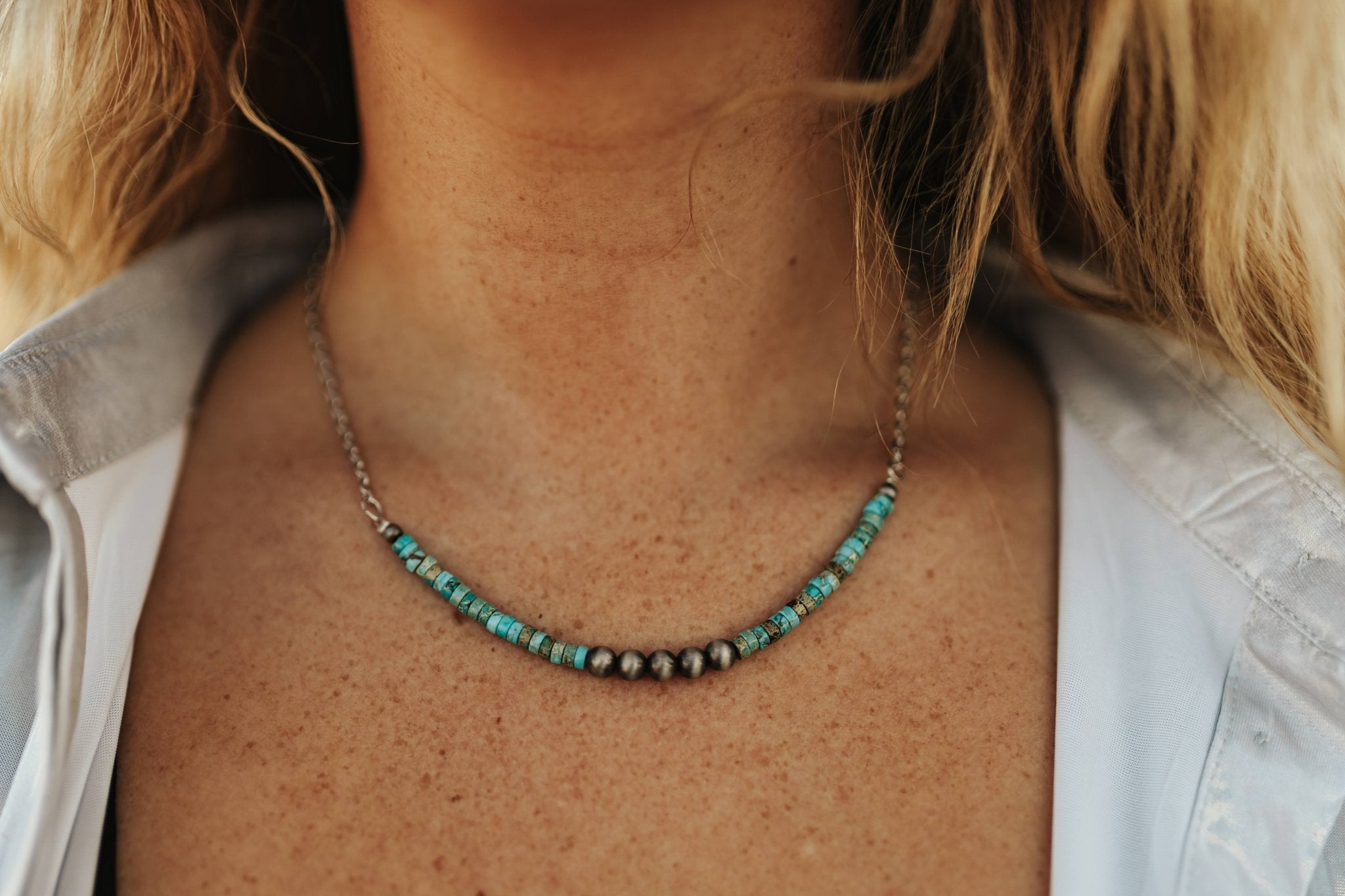 Turquoise Rondelle and Pearl ChokerTurquoiseOS