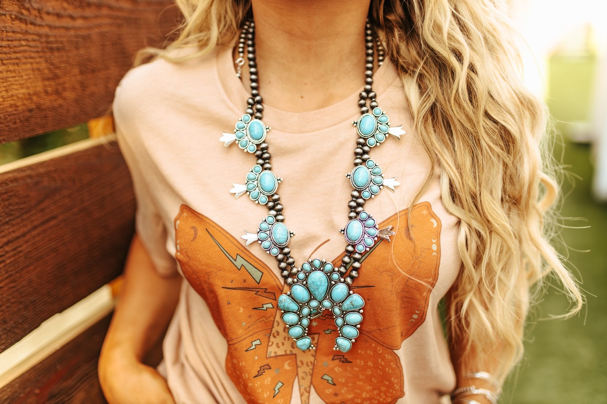 Turquoise Squash Blossom Pearl Beaded NecklaceTurquoiseOS
