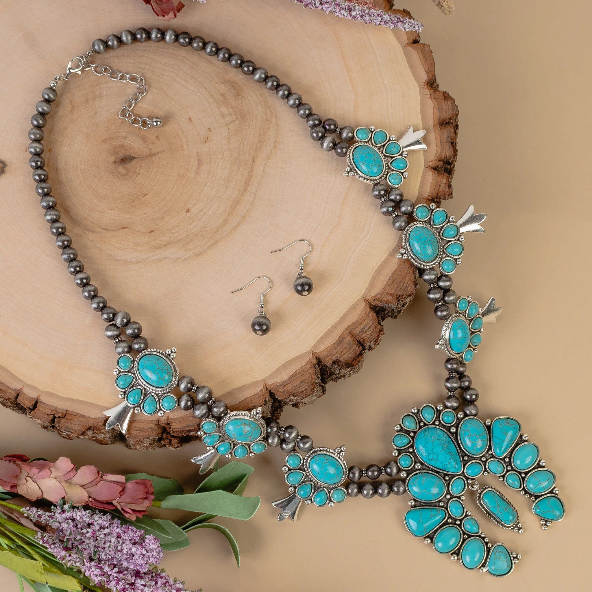 Turquoise Squash Blossom Pearl Beaded NecklaceTurquoiseOS